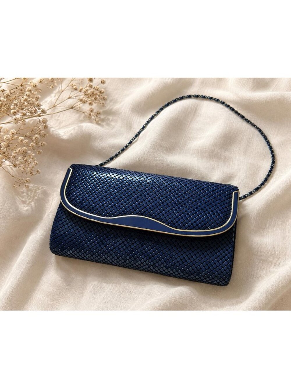 Vintage Navy Metallic Mesh Evening Bag | Blue Chain Strap Shoulder Purse